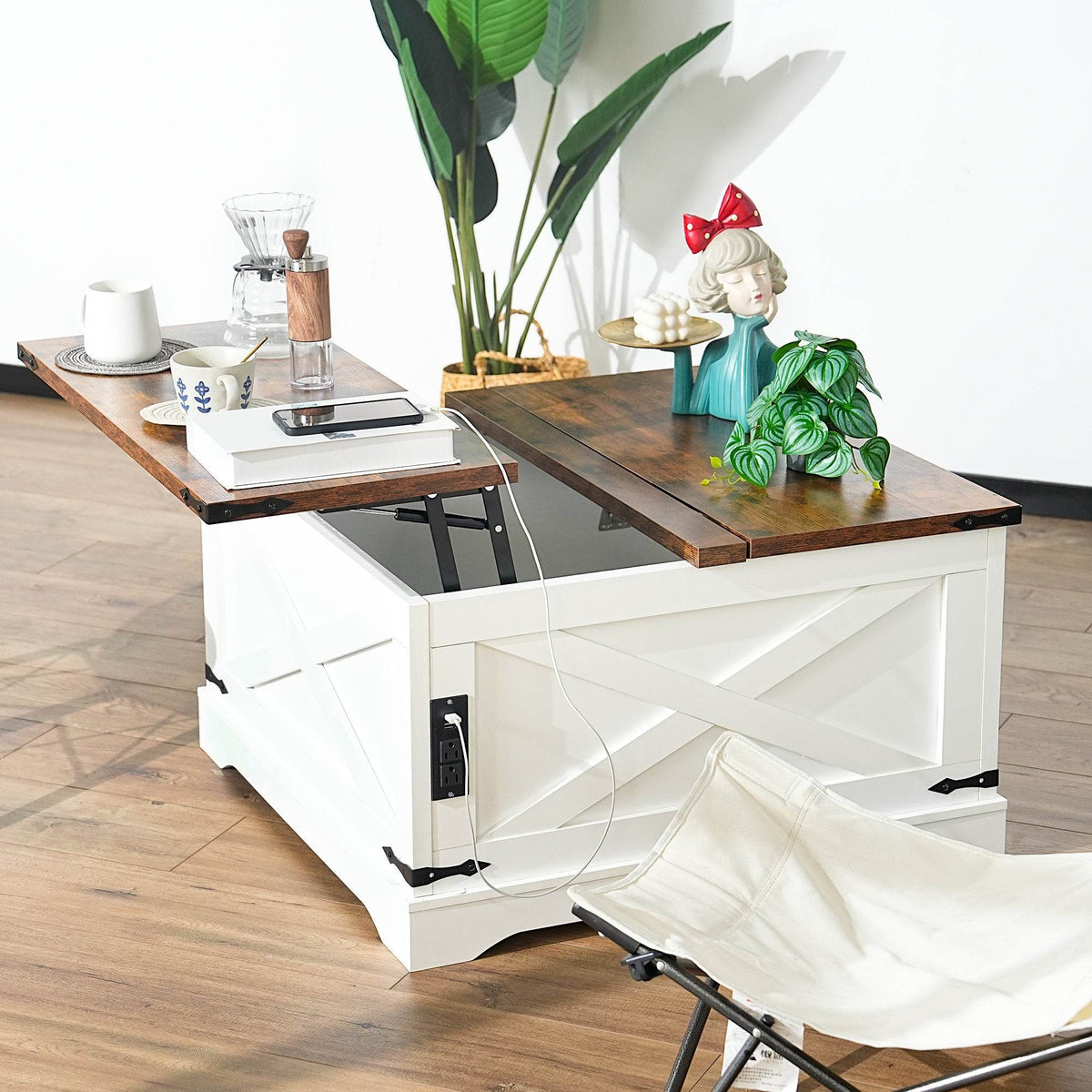 Lift-Top Rustic Coffee Table With Storage And Charging Station - Sleep Galleria
