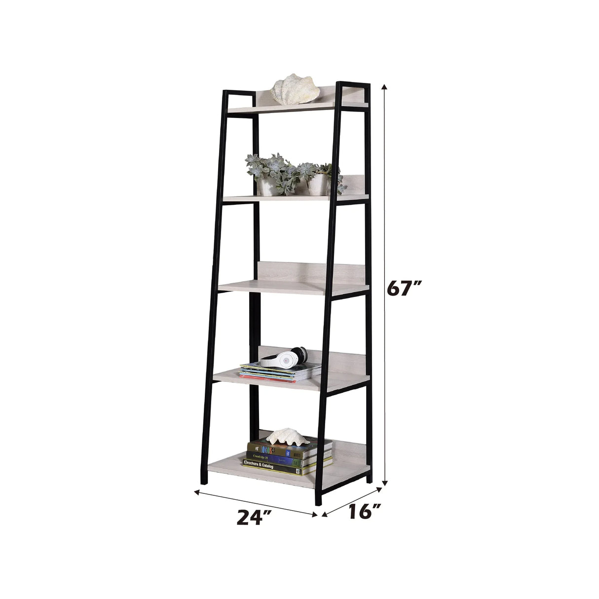 Leaning Ladder 5-Shelf Metal And Wood Bookshelf - Omega Lifestyles