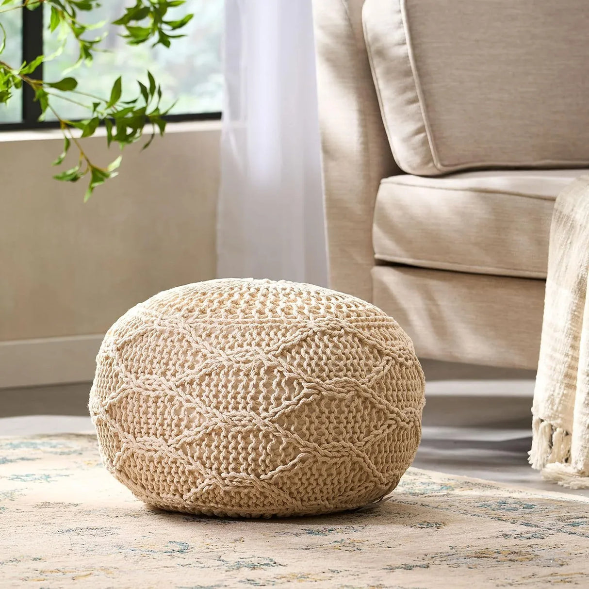 Ivory Cotton Knitted Round Pouf Seating Accent - Omega Lifestyles