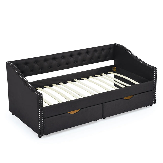 Twin Upholstered Tufted Linen Daybed With Drawers - Omega Lifestyles