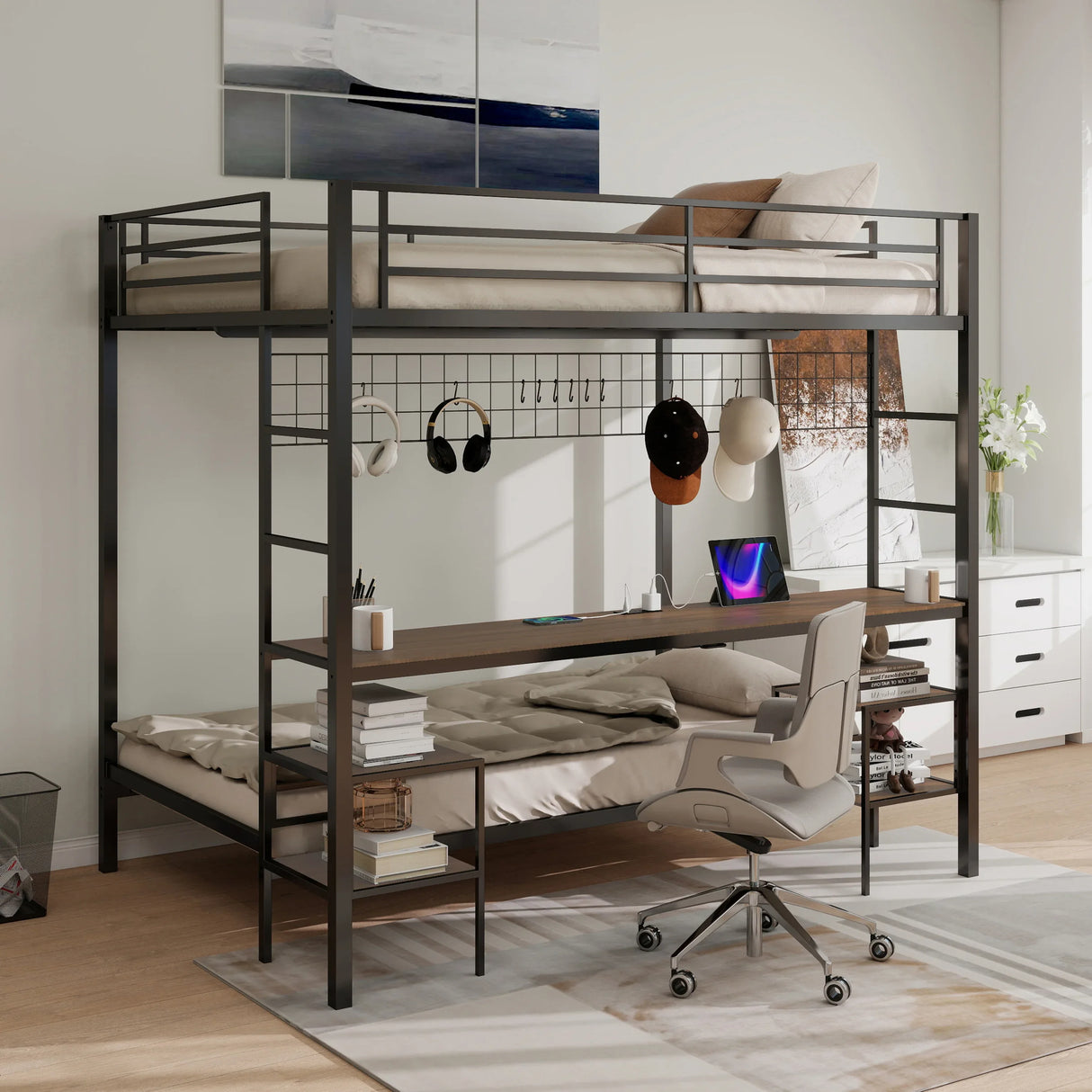 Full Over Twin Metal Bunk Bed With Desk Charging Station - Omega Lifestyles