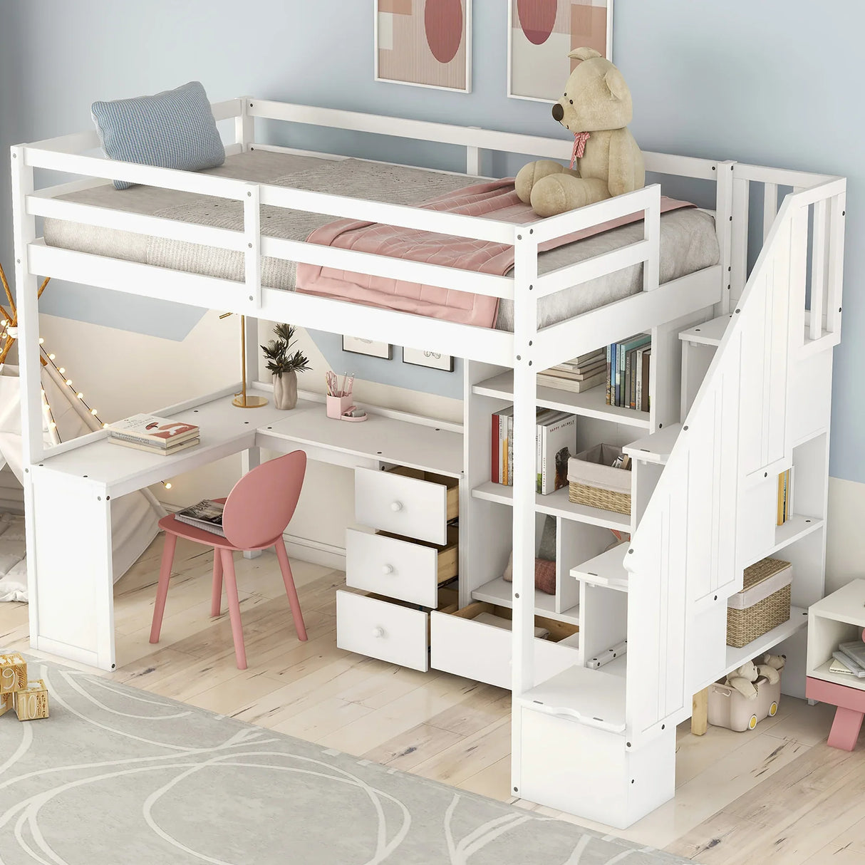 Twin Loft Bed With L-Shaped Desk Drawers Cabinet Staircase - Omega Lifestyles