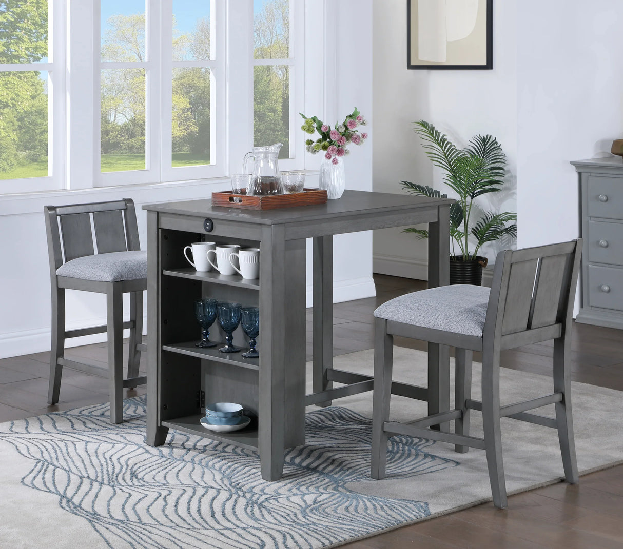 Graham 3-Piece Gray Wood Fabric Dining Table Set - Omega Lifestyles