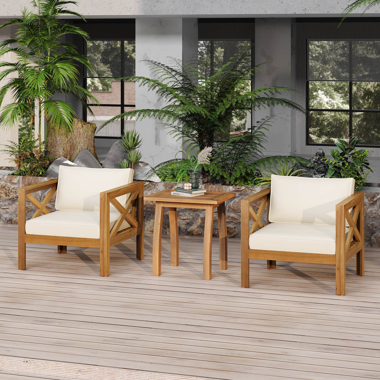 Outdoor Acacia Wood Patio Club Chair Set With End Table