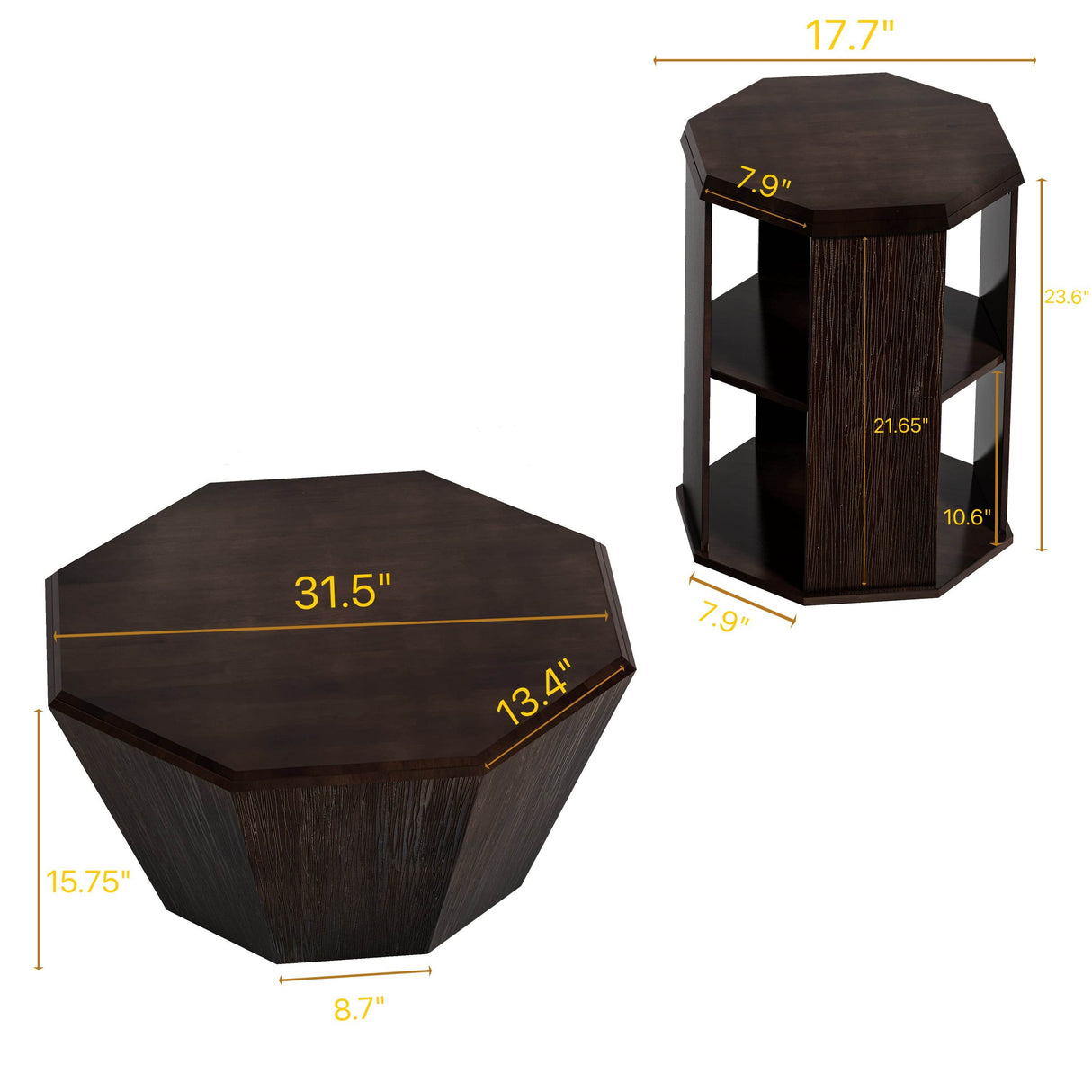 2-Piece Octagonal Black Walnut Rubber Wood Coffee Tables - Sleep Galleria