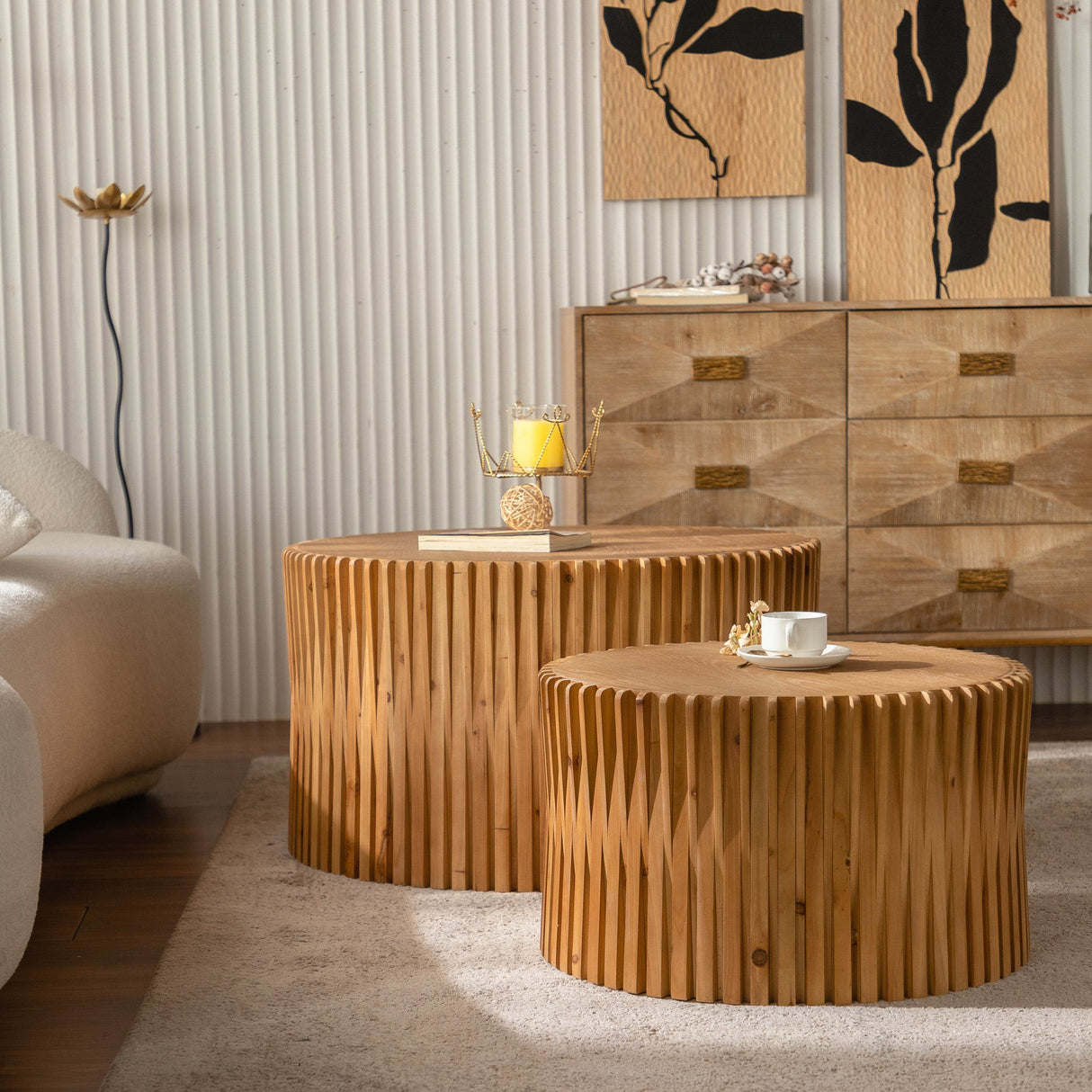 Vintage Style Natural Wood 2-Piece Round Coffee Table Set - Sleep Galleria