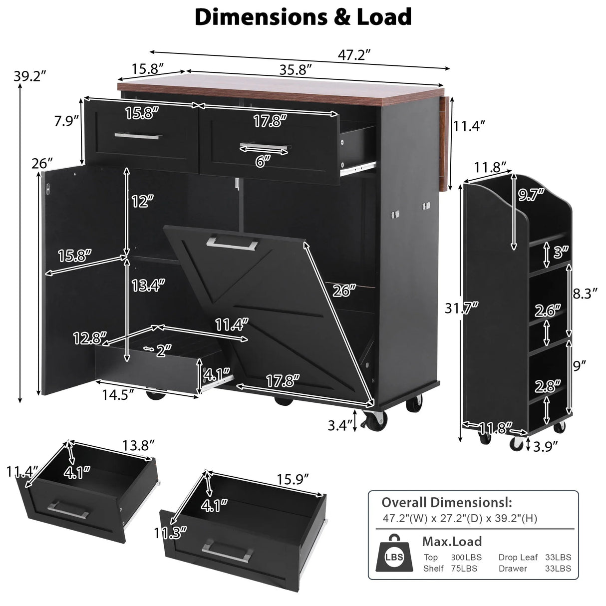 Farmhouse MDF Kitchen Island With Drop Leaf And Storage - Omega Lifestyles