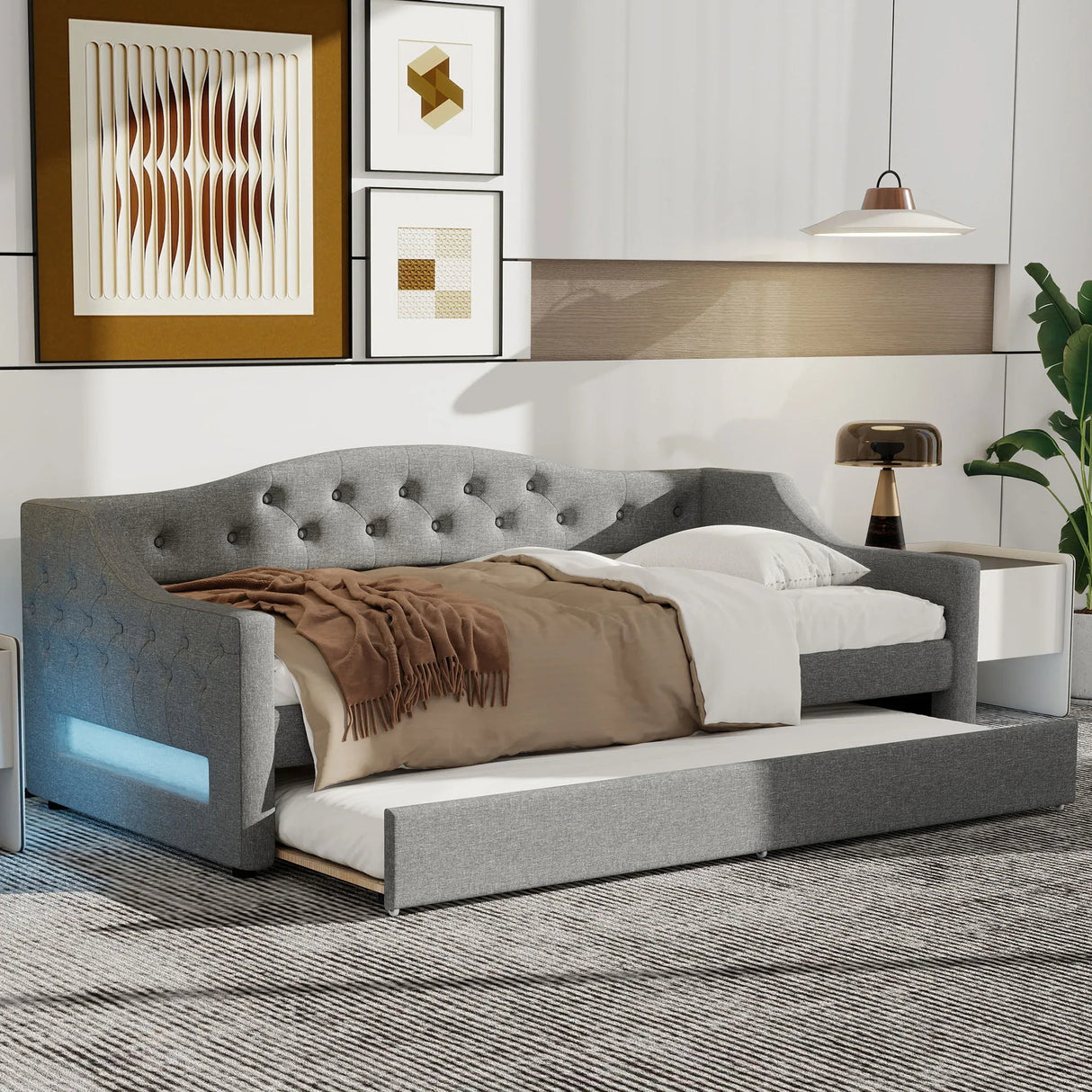 Twin XL Linen Upholstered Daybed With LED Lighting And Trundle - Omega Lifestyles
