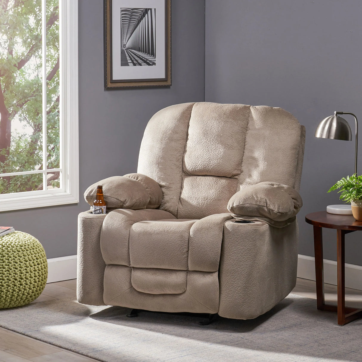 Manual Recliner Chair With Skin-Friendly Fabric And Cup Holders - Omega Lifestyles