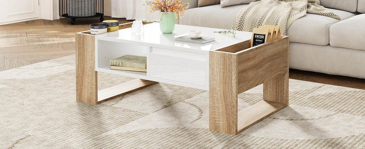 High Glossy White Coffee Table With Drawers - Sleep Galleria