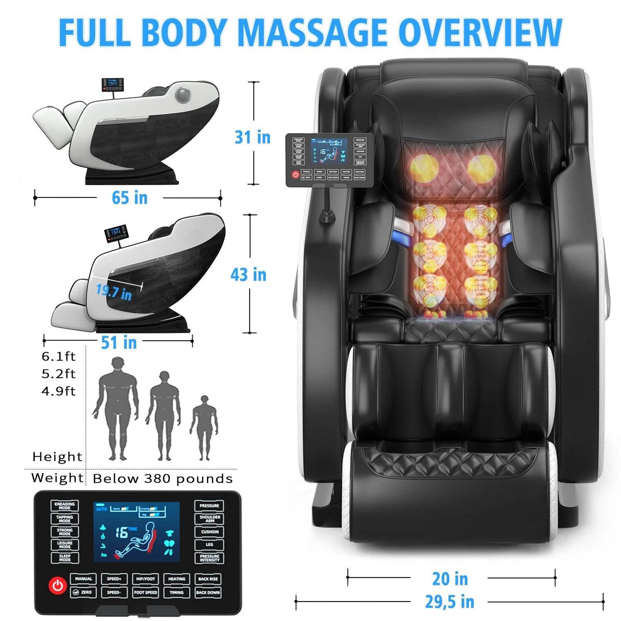 Relax Rejuvenate Zero Gravity Massage Chair Full Body Recliner Air Pressure, Bluetooth, Heat, and Foot Massage Black