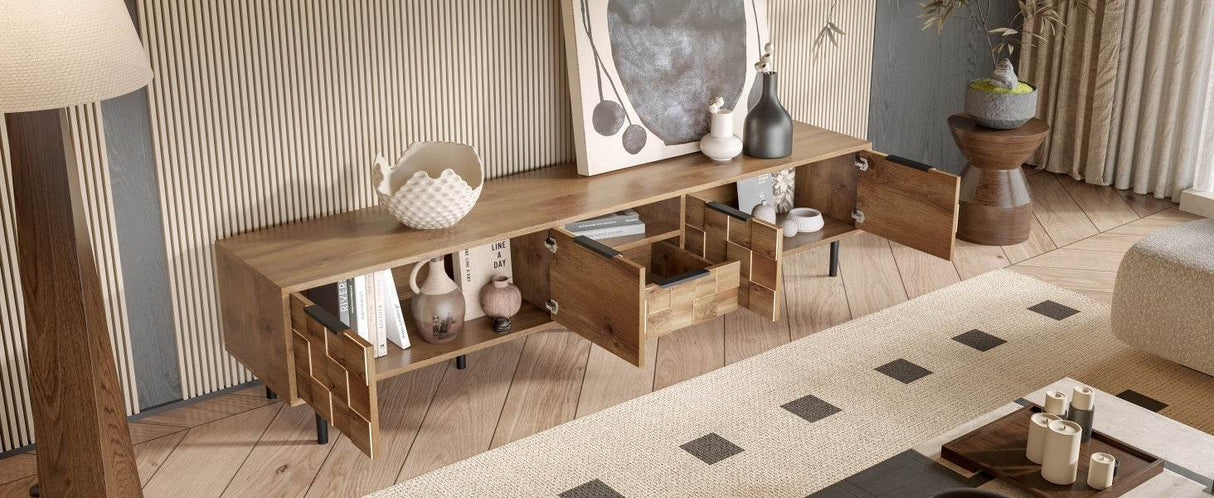 Natural Wood Checkered Pattern TV Stand With Storage - Sleep Galleria