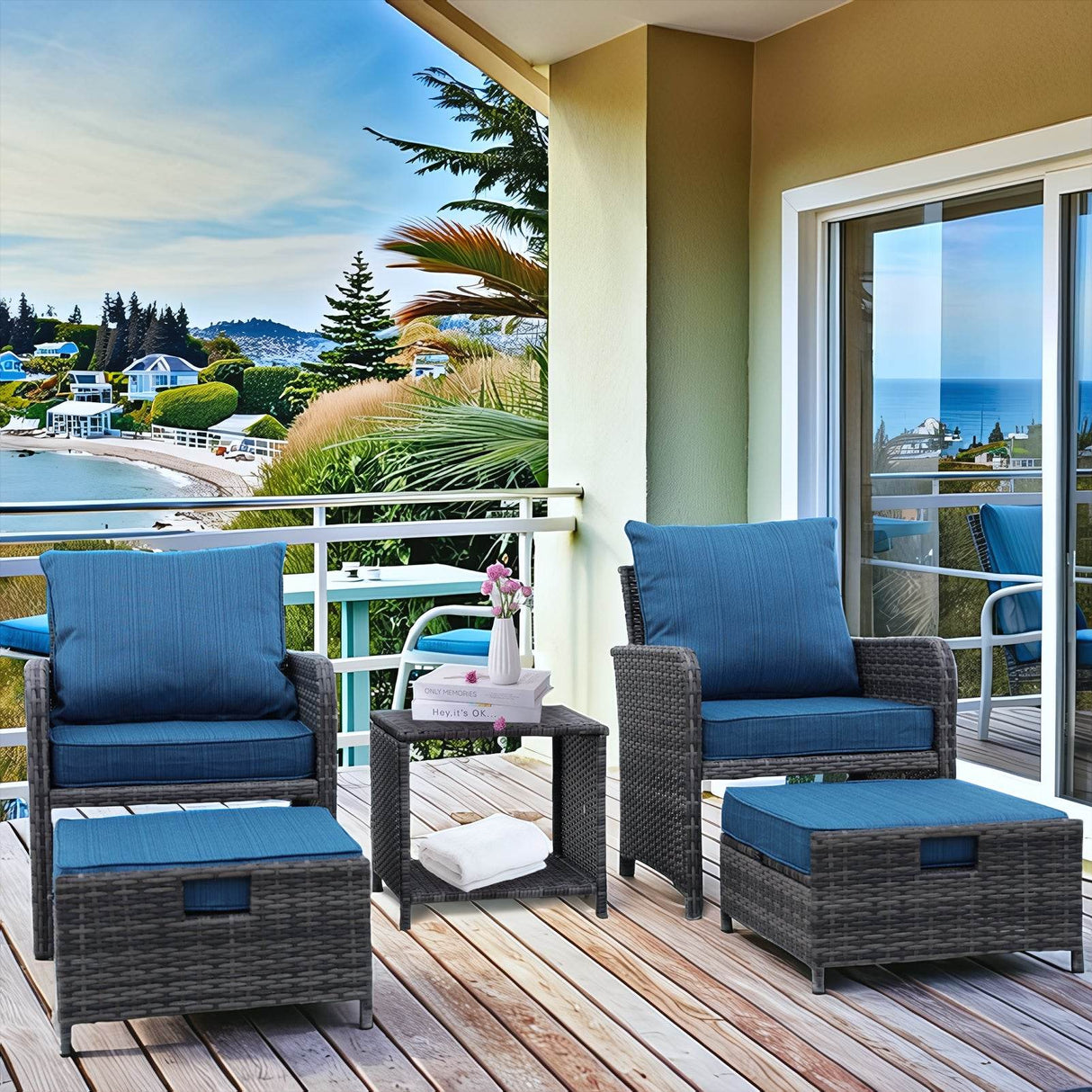 5-Piece Grey Wicker Patio Furniture Set With Ottomans