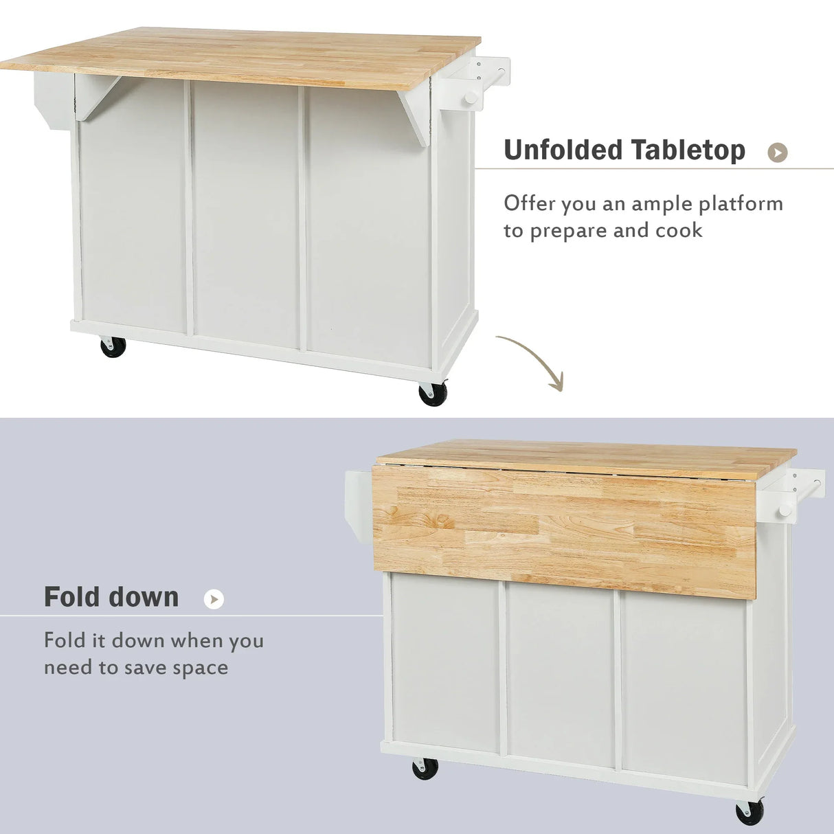 Kitchen Cart With Rubber Wood Drop-Leaf Countertop Storage - Omega Lifestyles