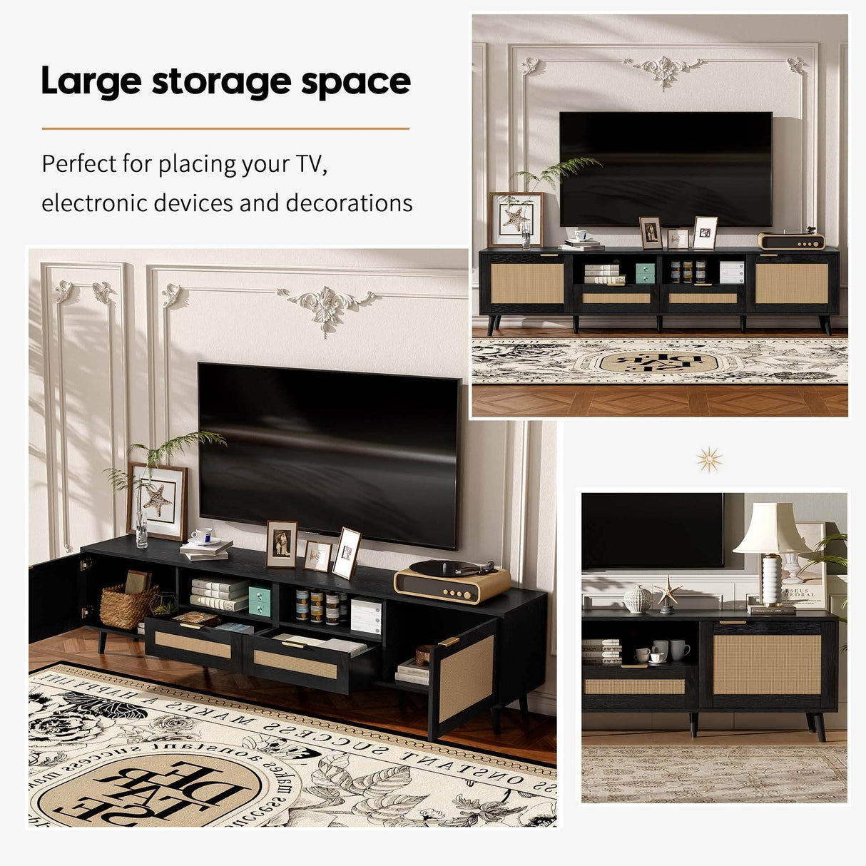 Modern Rattan TV Stand With Storage Cabinet - Sleep Galleria