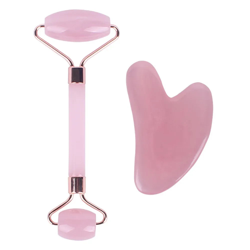 Pink Resin Jade Roller And Gua Sha Facial Massage Set - Omega Lifestyles