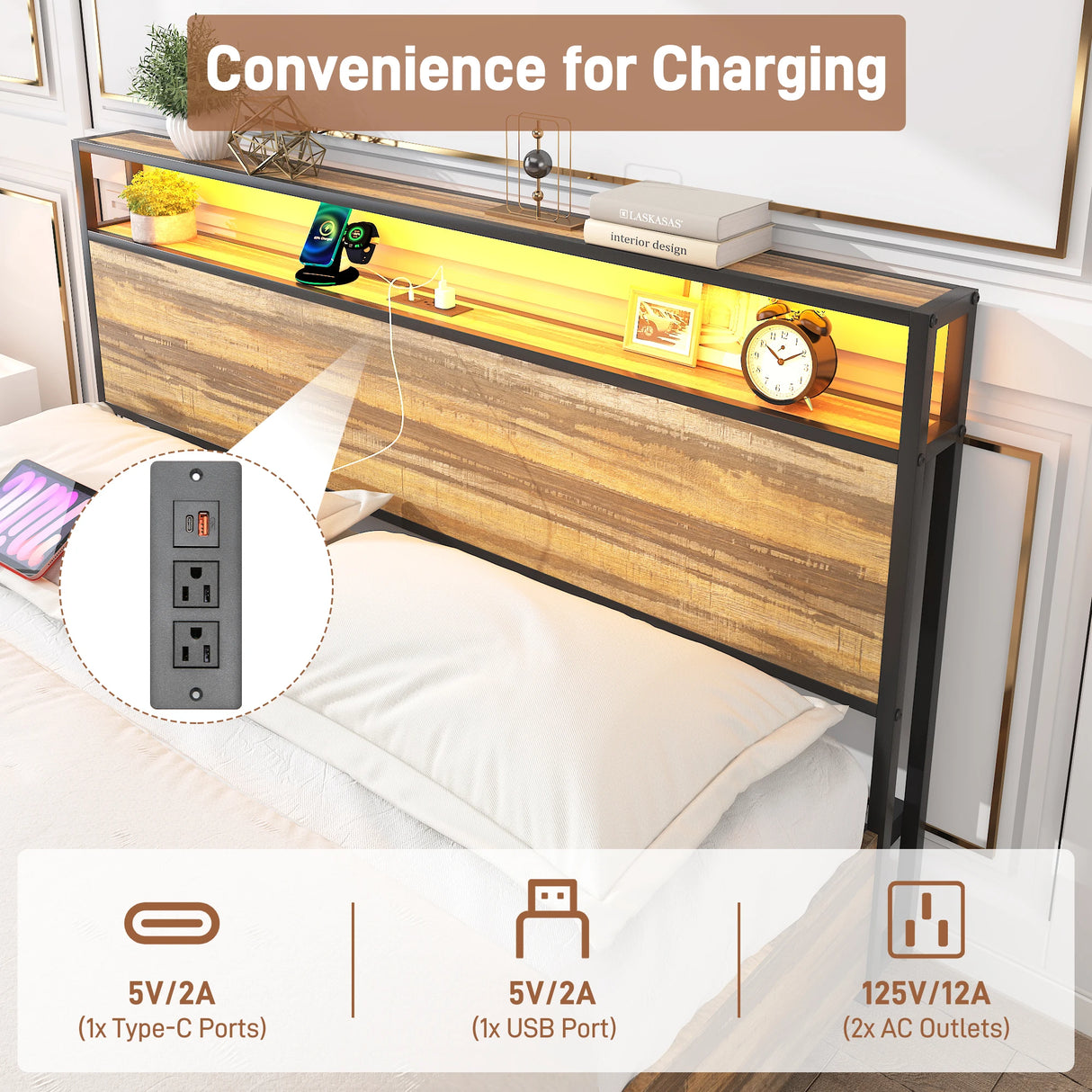 Queen LED Platform Bed Frame With Storage Drawers and USB Charging