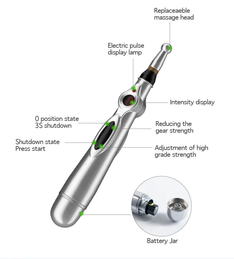 Electronic Acupuncture Pen Stainless Steel Massage Device With 5 Heads - Omega Lifestyles