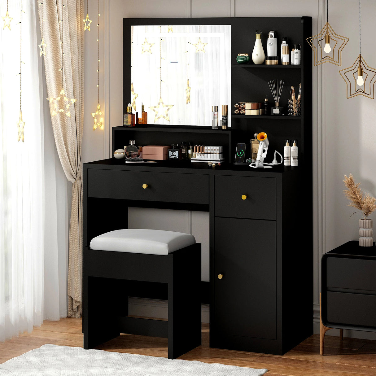 Modern Wooden Vanity Desk With Mirror Lights Charging Station