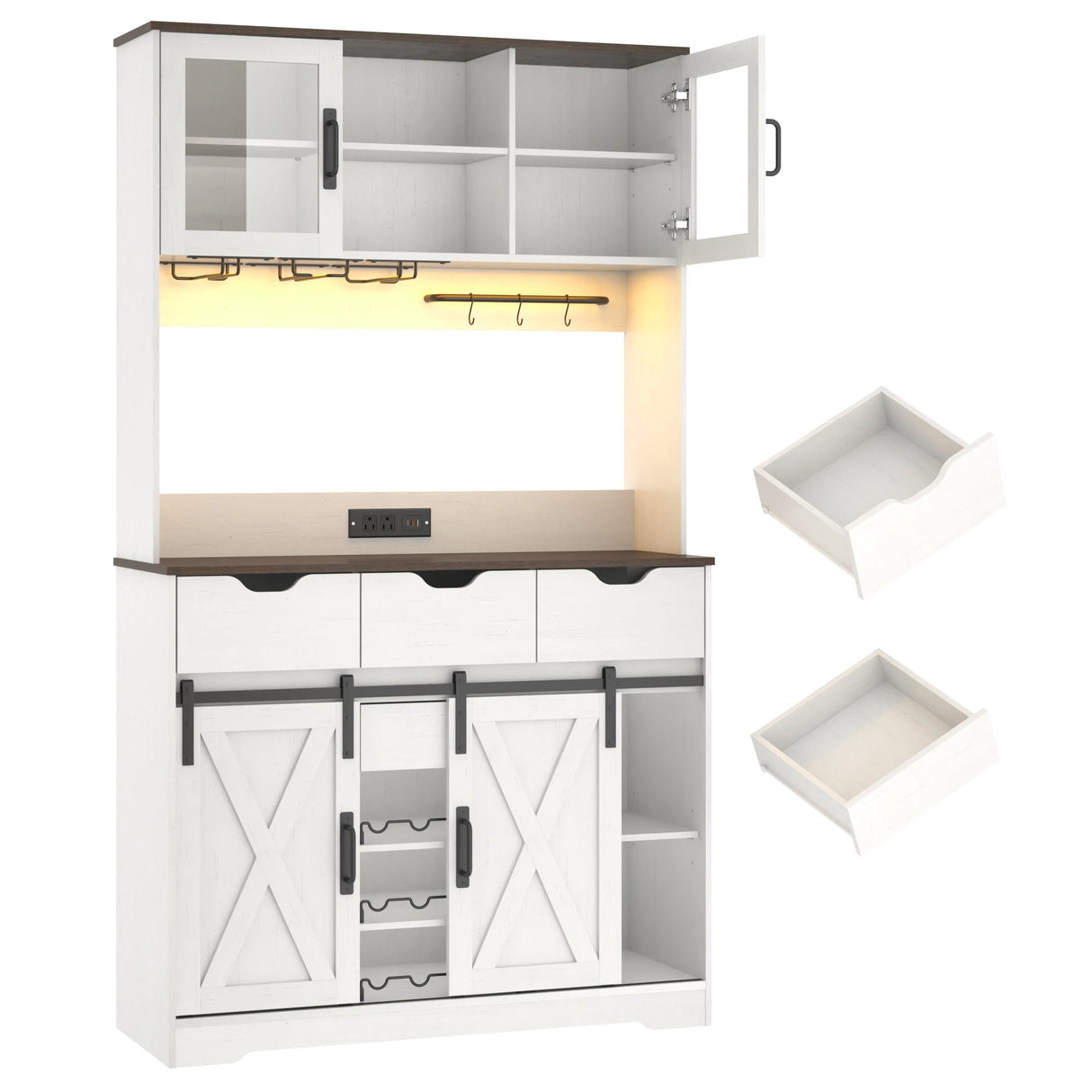 Farmhouse Wood Sliding Door Coffee Bar Cabinet With LED Lights