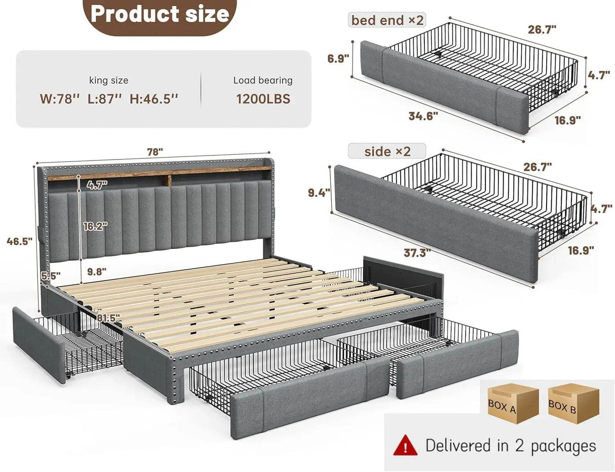 Upholstered Bed Frame with Storage Drawers - Omega Lifestyles