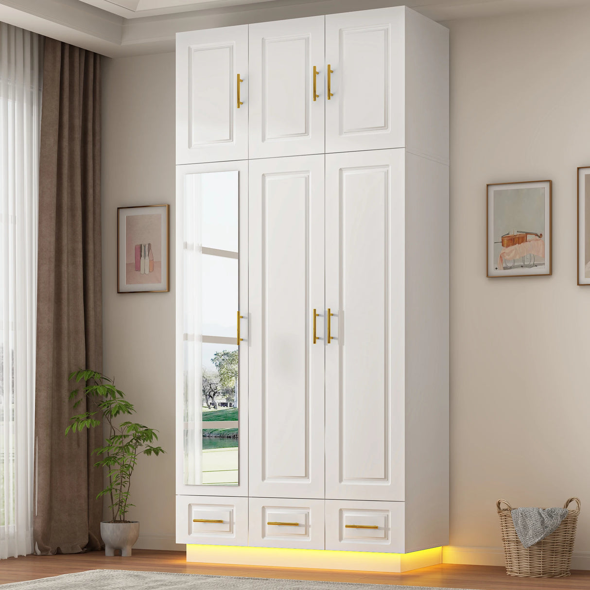 Modern 3-Door Engineered Wood Wardrobe With LED Lights