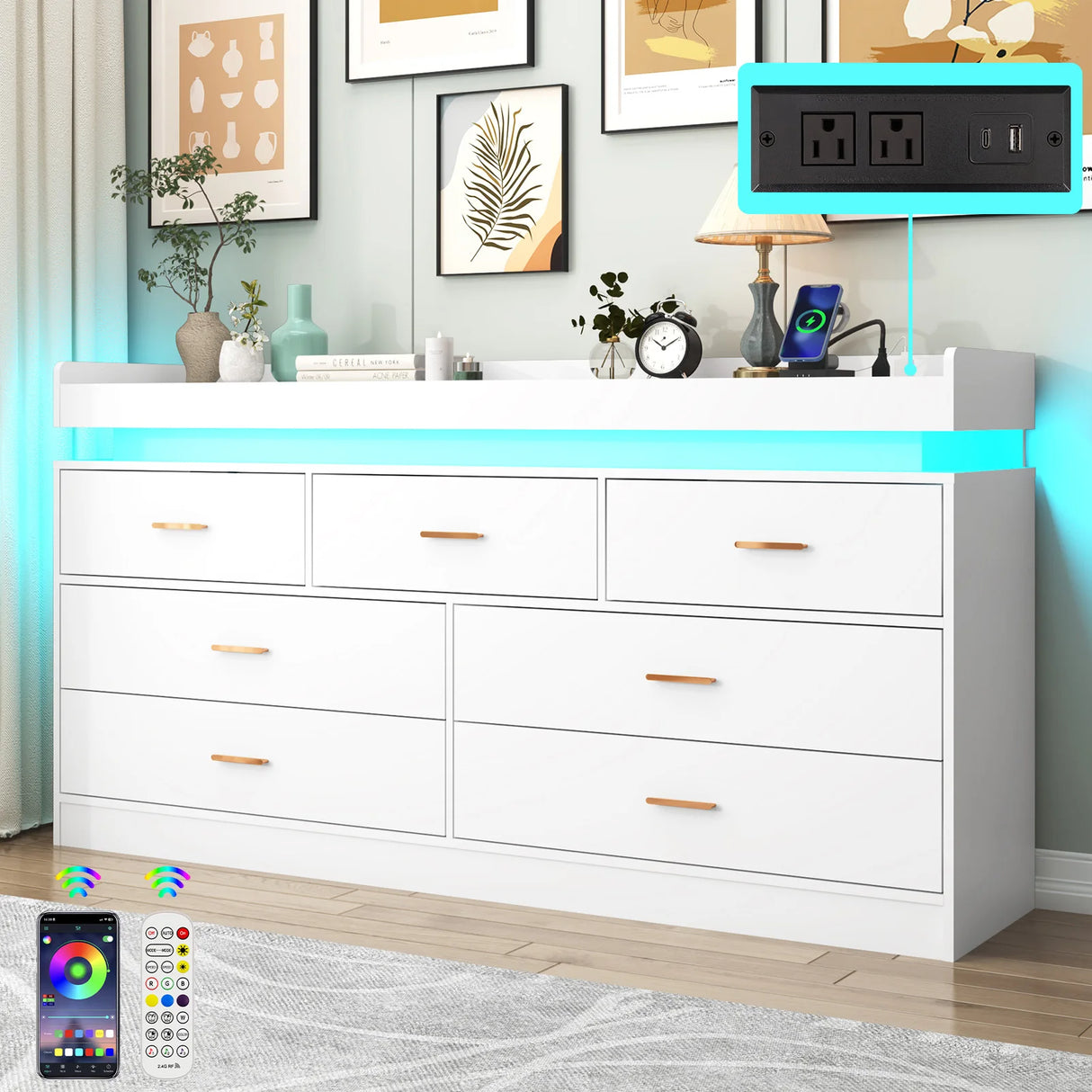 Modern 7-Drawer Wooden Dresser With LED Light