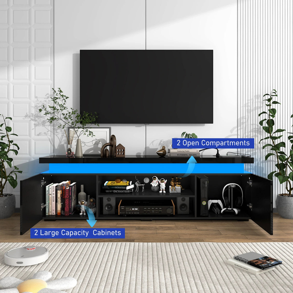Modern 66-Inch High Gloss LED TV Stand With Power Outlet