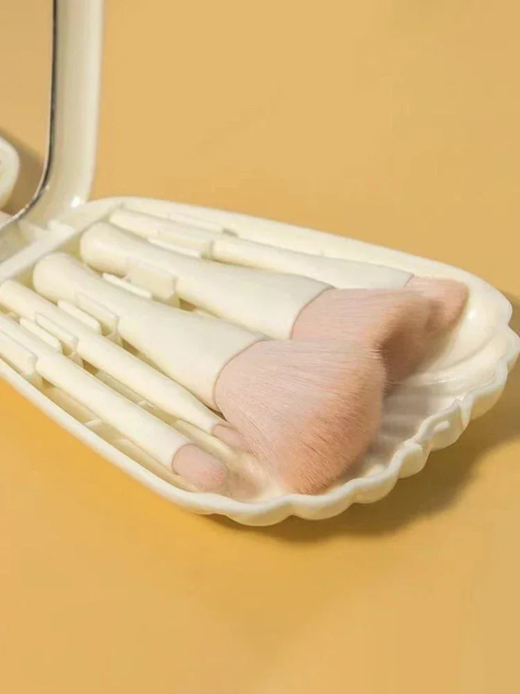 5-Piece Portable Soft Wool Fiber Makeup Brush Set With Mirror - Omega Lifestyles