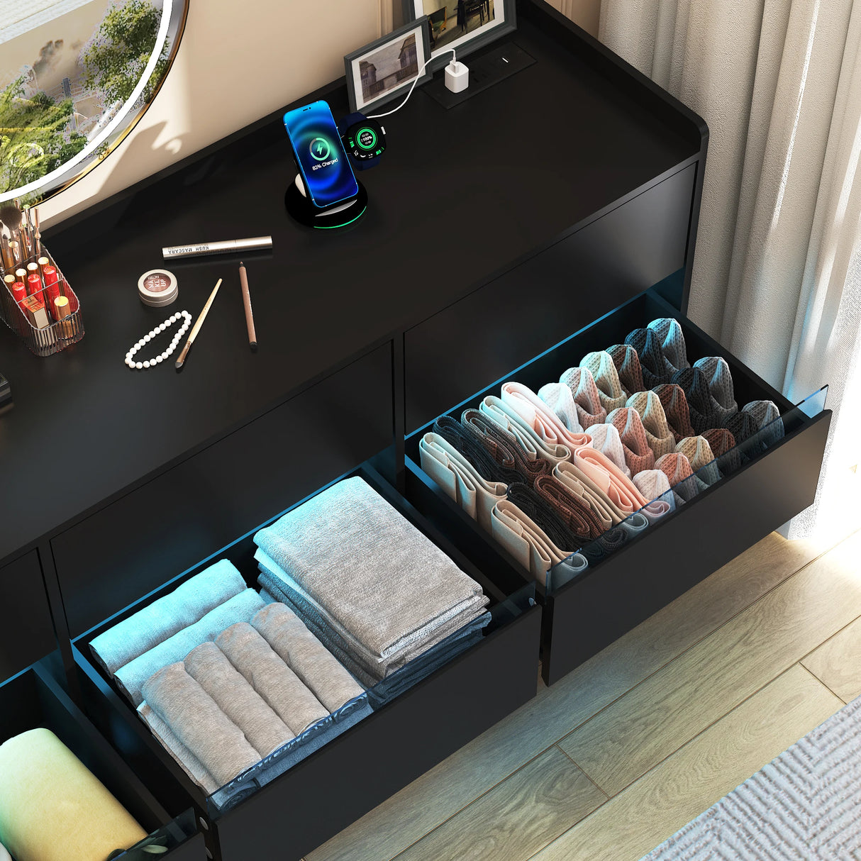 9-Drawer Wooden Dresser With LED Lights And Charging Station