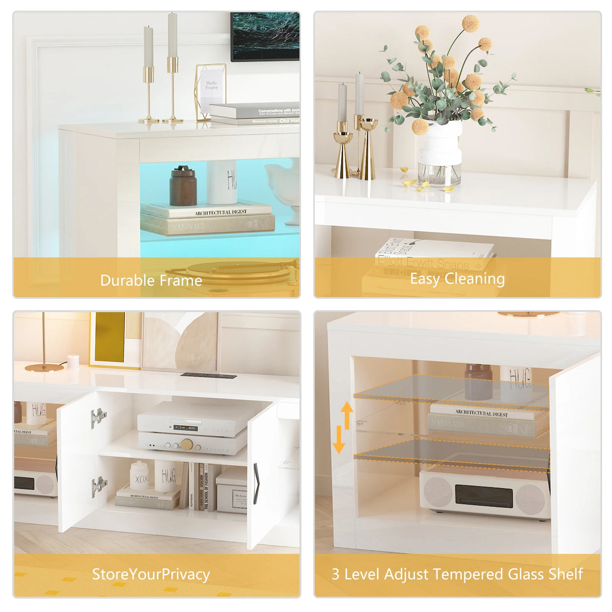 Modern High Gloss 72-Inch LED TV Stand With Storage