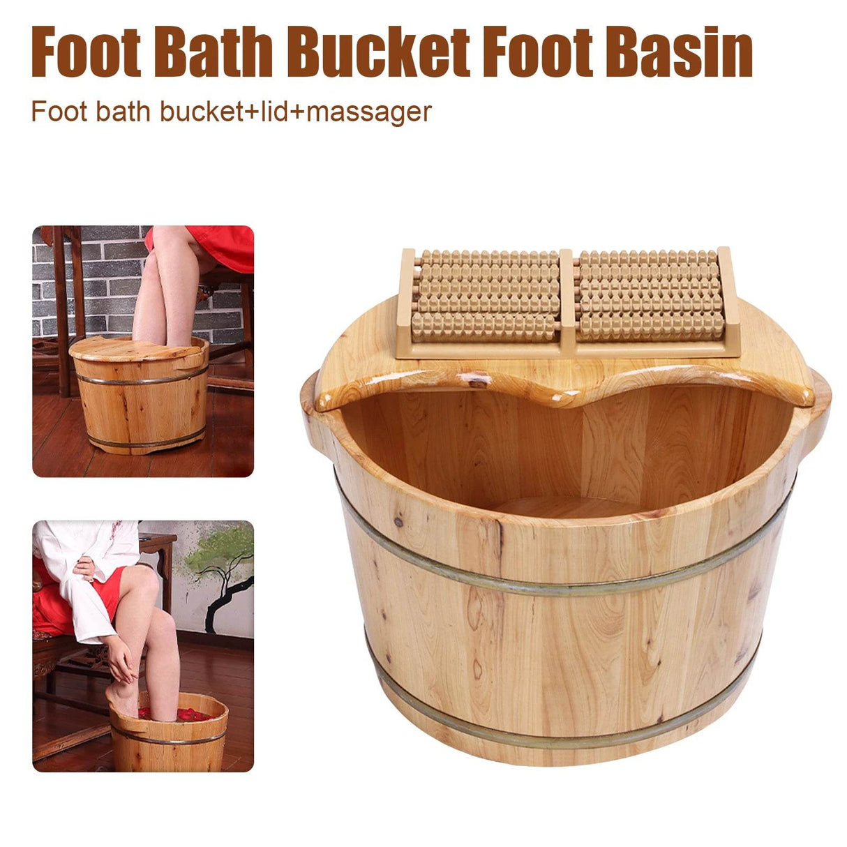 Cedar Wood Foot Bath Bucket With Massage Roller