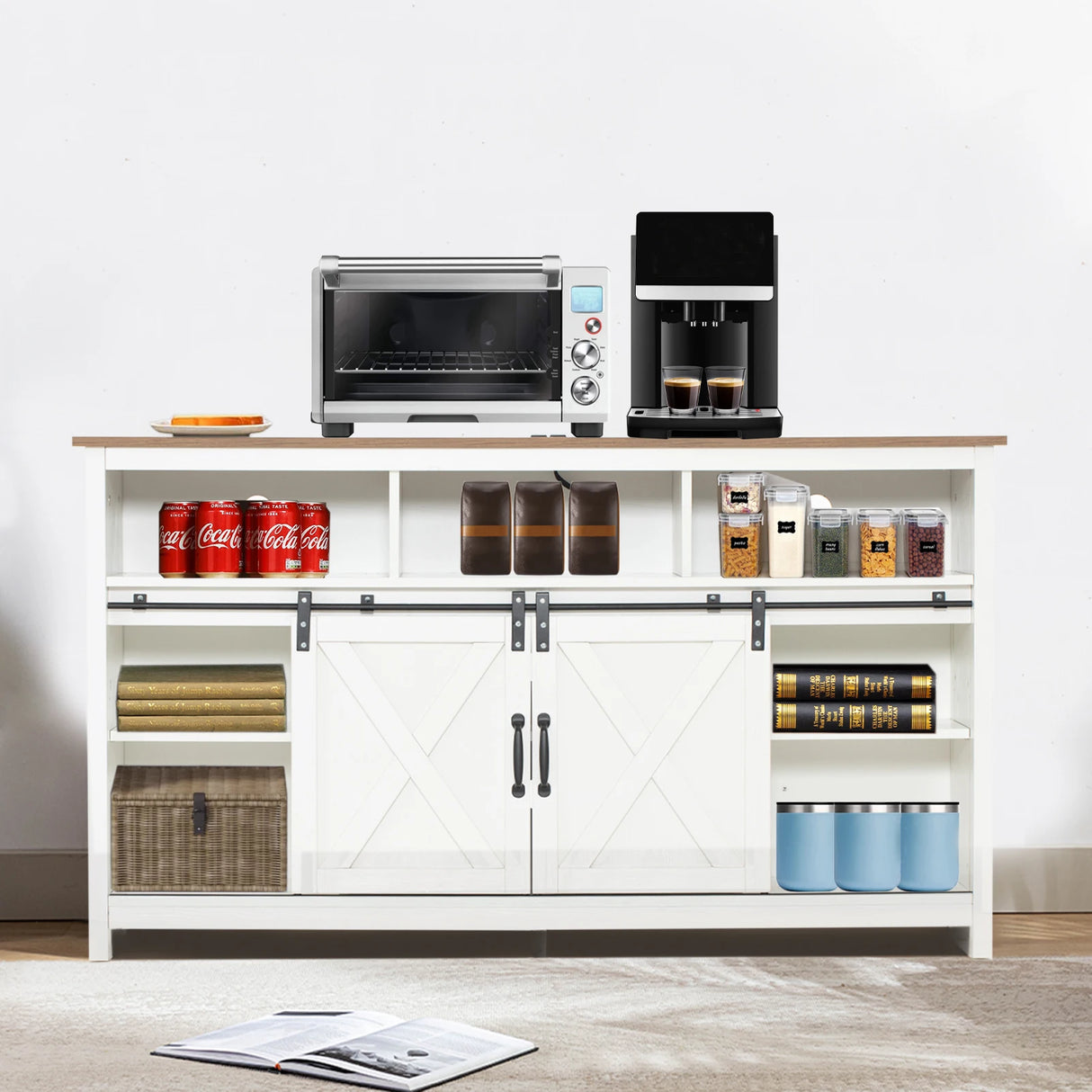 Farmhouse Wood Sliding Barn Door TV Stand Cabinet