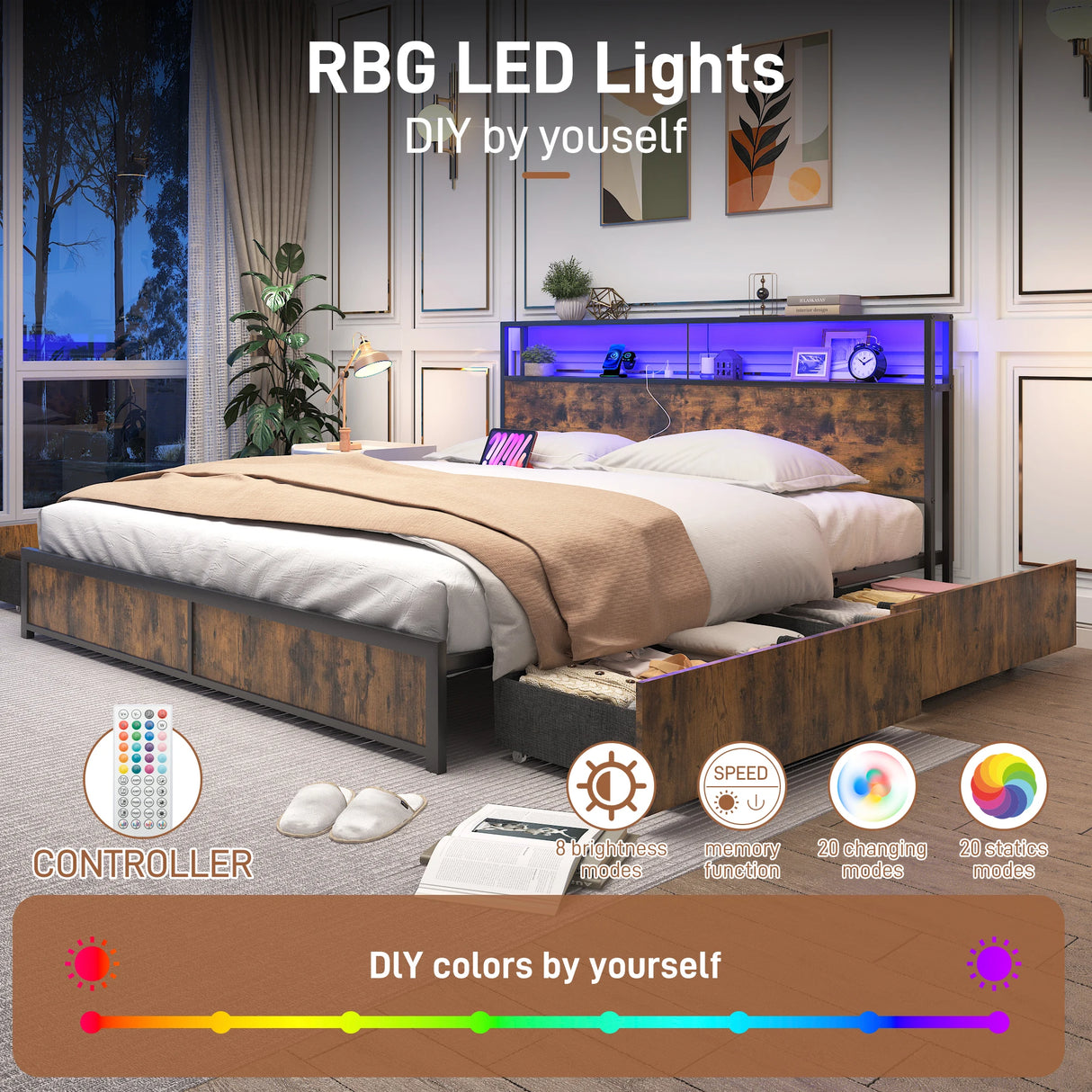 Queen LED Platform Bed Frame With Storage Drawers and USB Charging