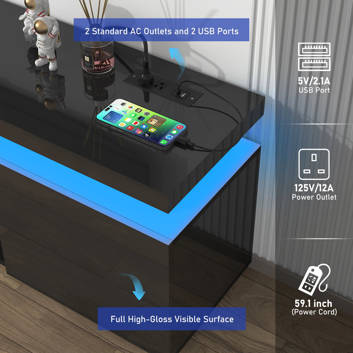 Modern 66-Inch High Gloss LED TV Stand With Power Outlet