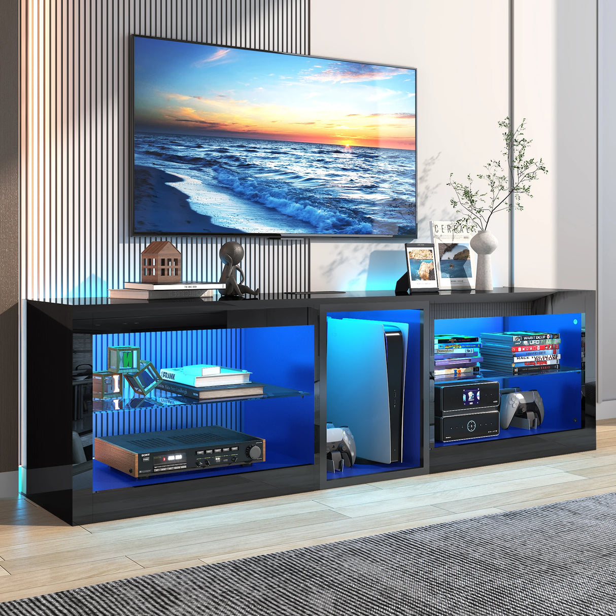 Modern 63-Inch High Gloss LED TV Stand With Storage