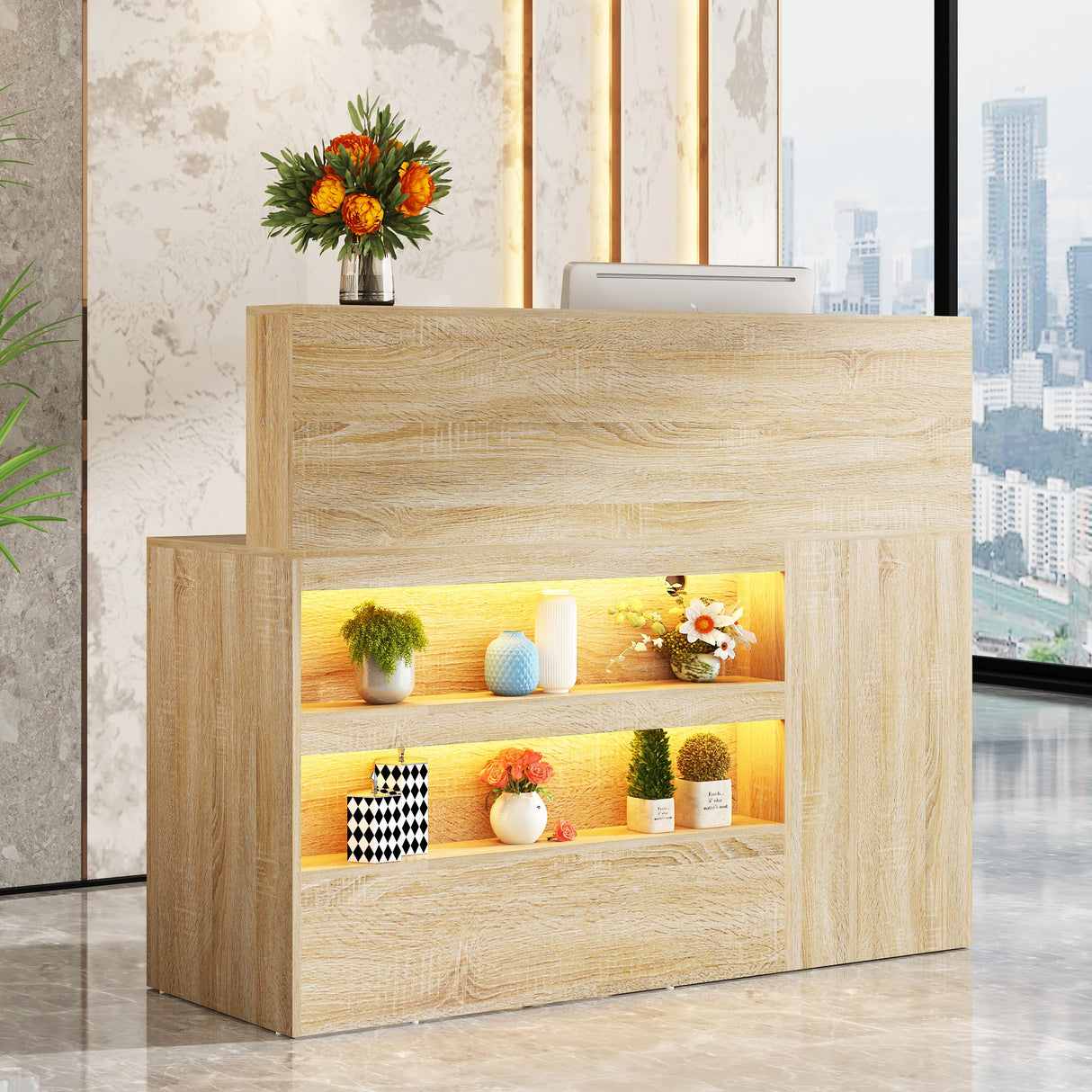 Modern LED Reception Desk With Storage Cabinets and Power Outlets