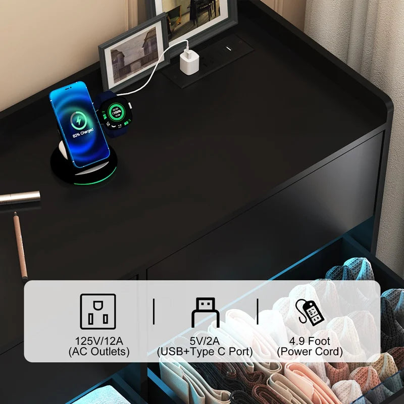 9-Drawer Wooden Dresser With LED Lights And Charging Station