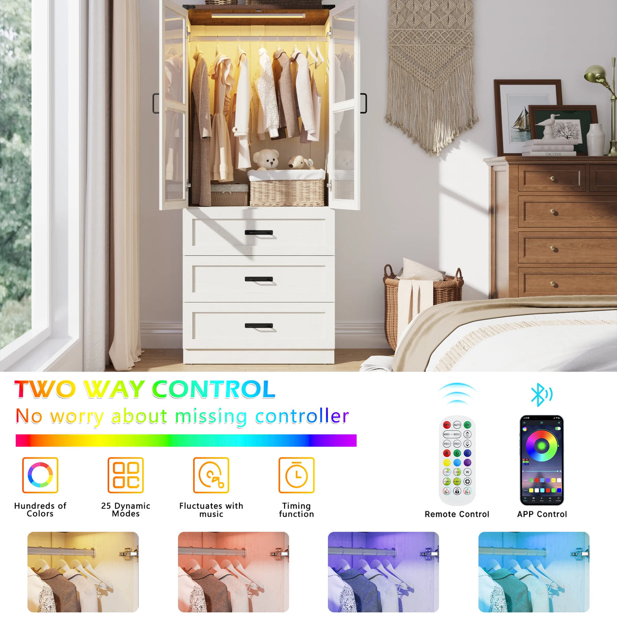 75-Inch Farmhouse LED 2-Door Armoire Wardrobe Closet