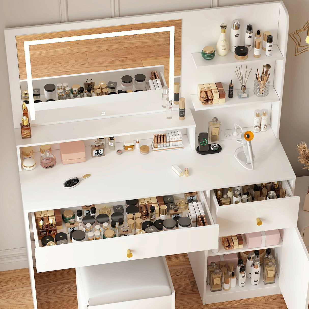 Modern Wooden Vanity Desk With Mirror Lights Charging Station