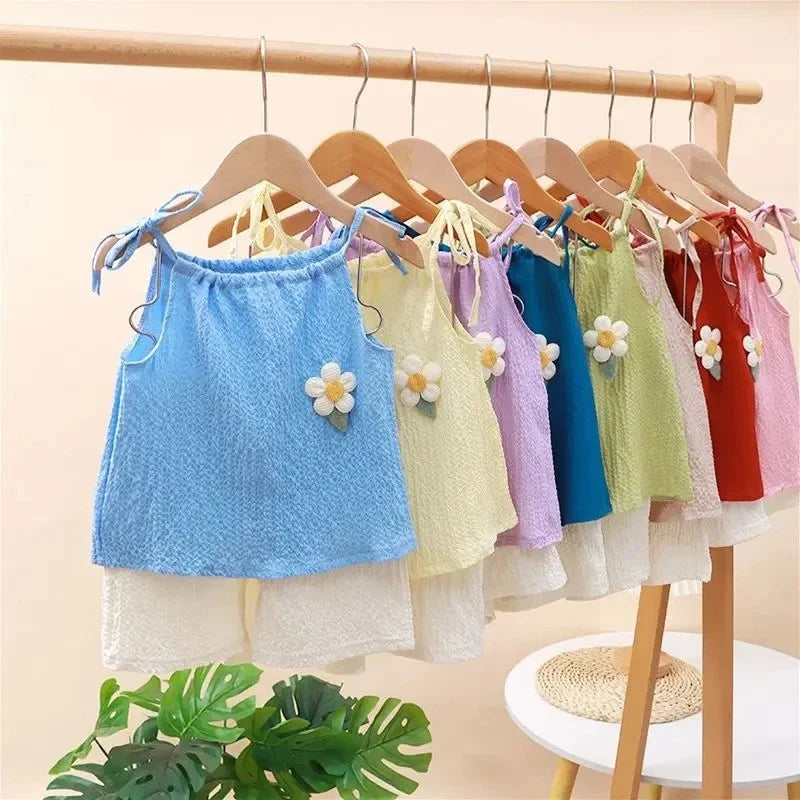 Floral Embellished Halter Top And Shorts Set For Girls