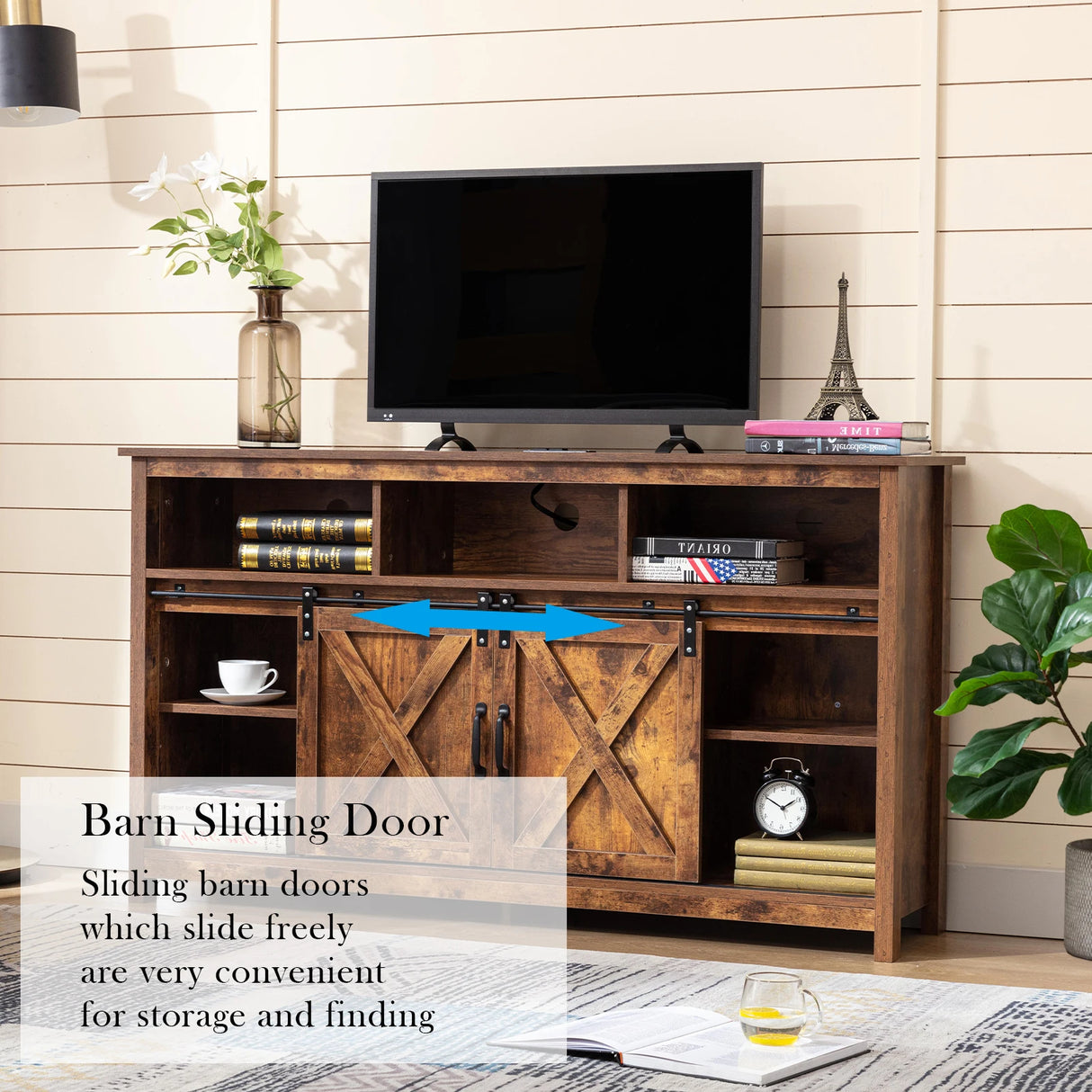 Farmhouse Wood Sliding Barn Door TV Stand Cabinet