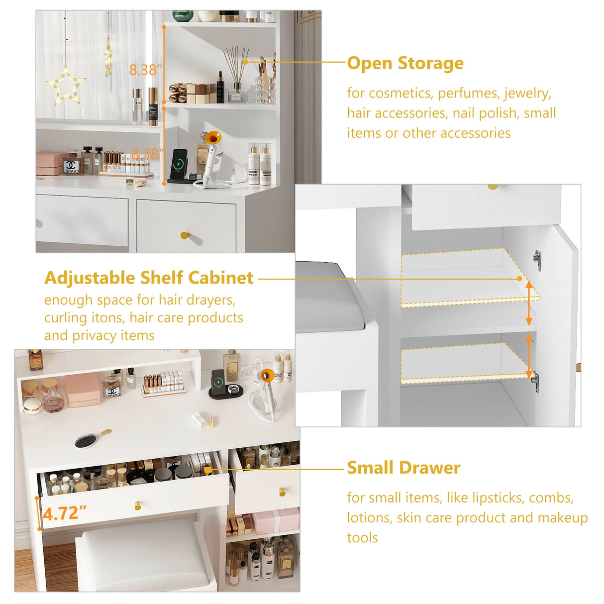 Modern Wooden Vanity Desk With Mirror Lights Charging Station