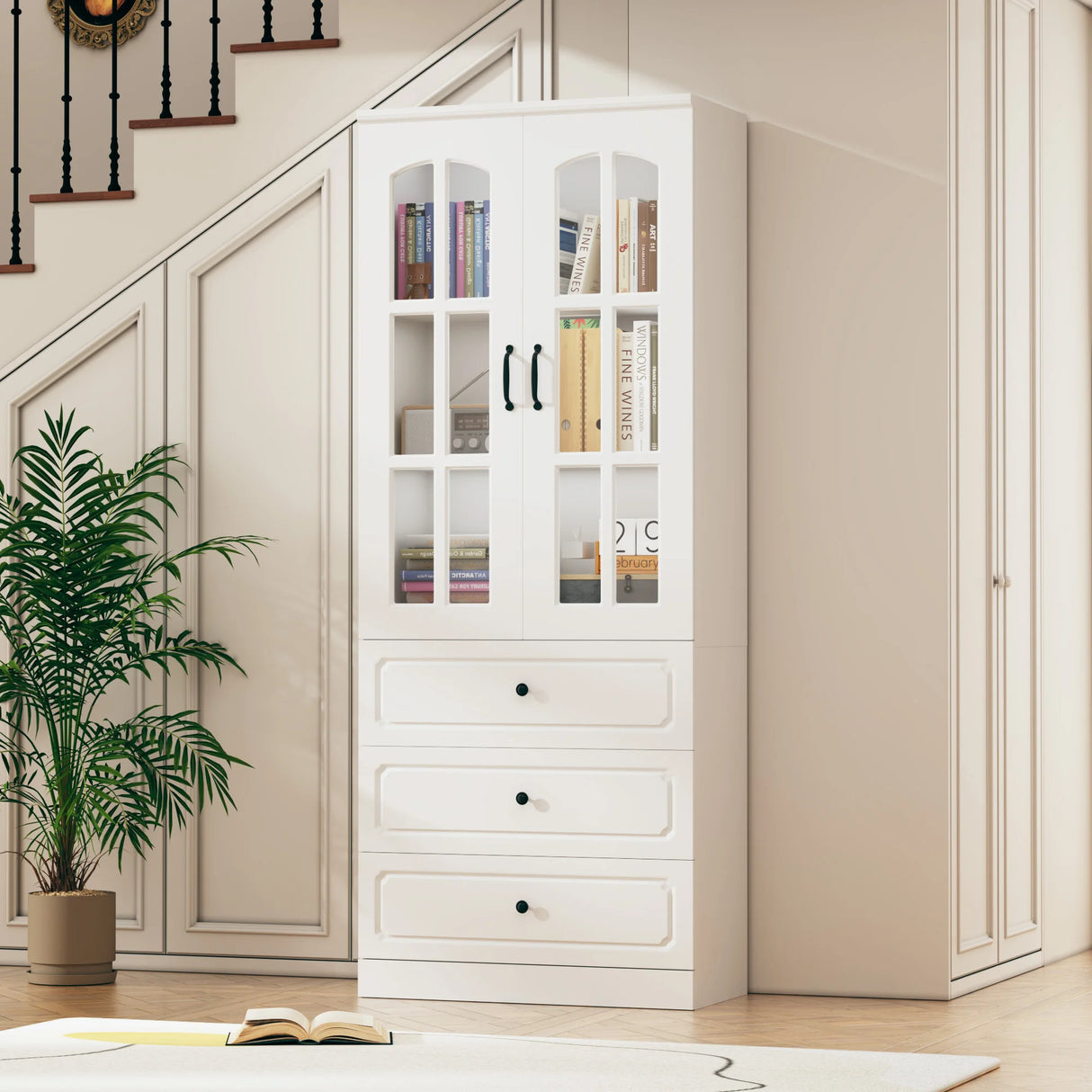 Modern 78-Inch White Glass Door Living Room Cabinet