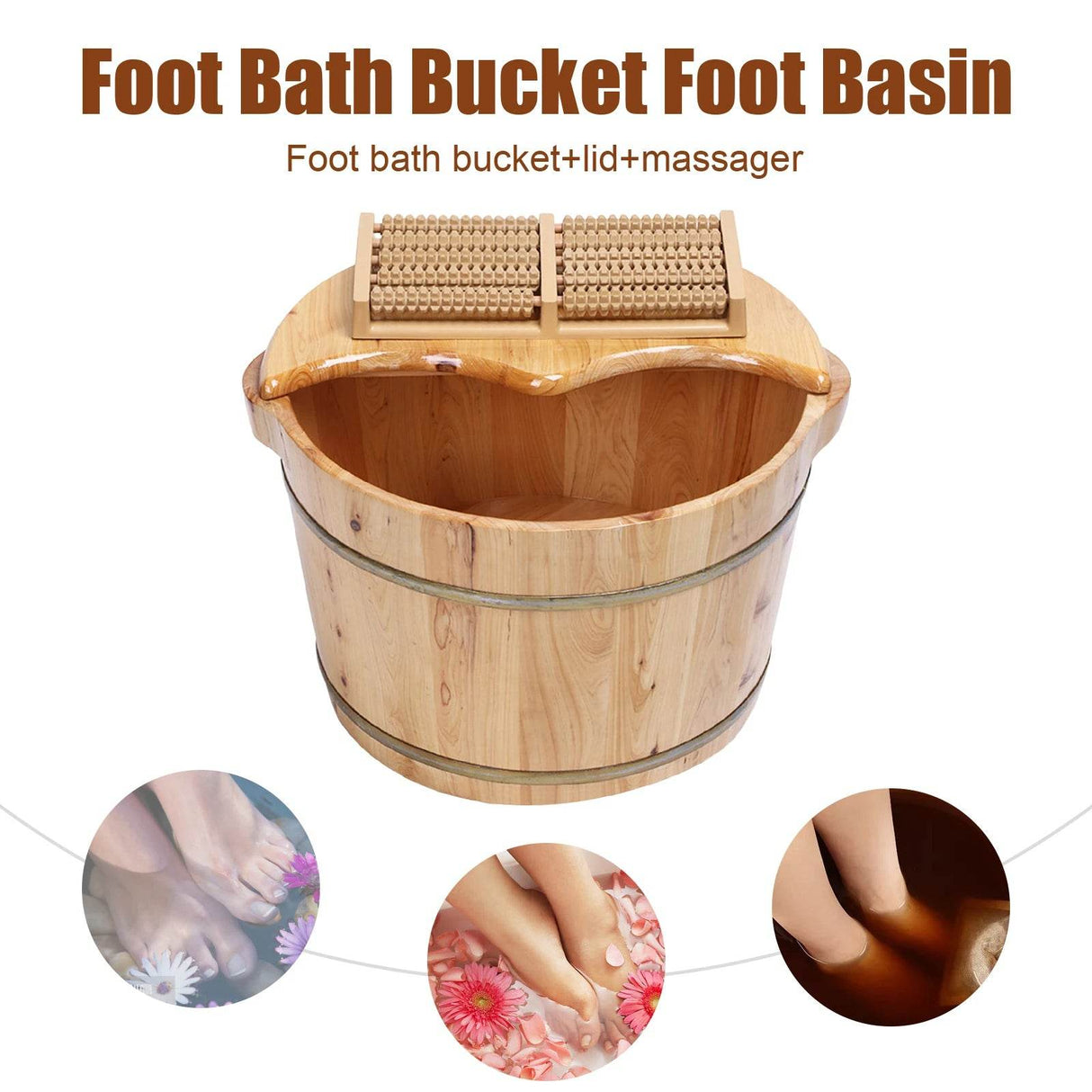 Cedar Wood Foot Bath Bucket With Massage Roller