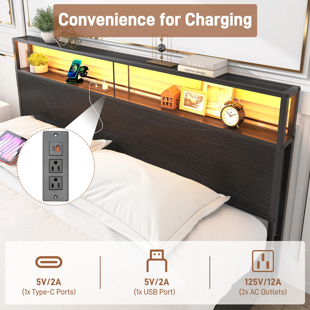 Queen LED Platform Bed Frame With Storage Drawers and USB Charging