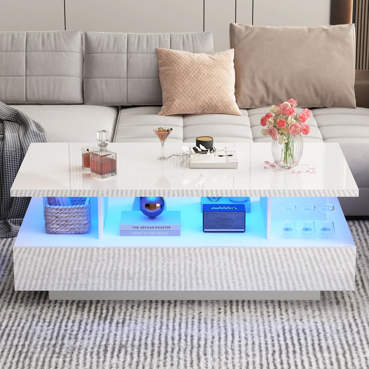 43-Inch Modern LED High Gloss Coffee Table With Storage Drawers