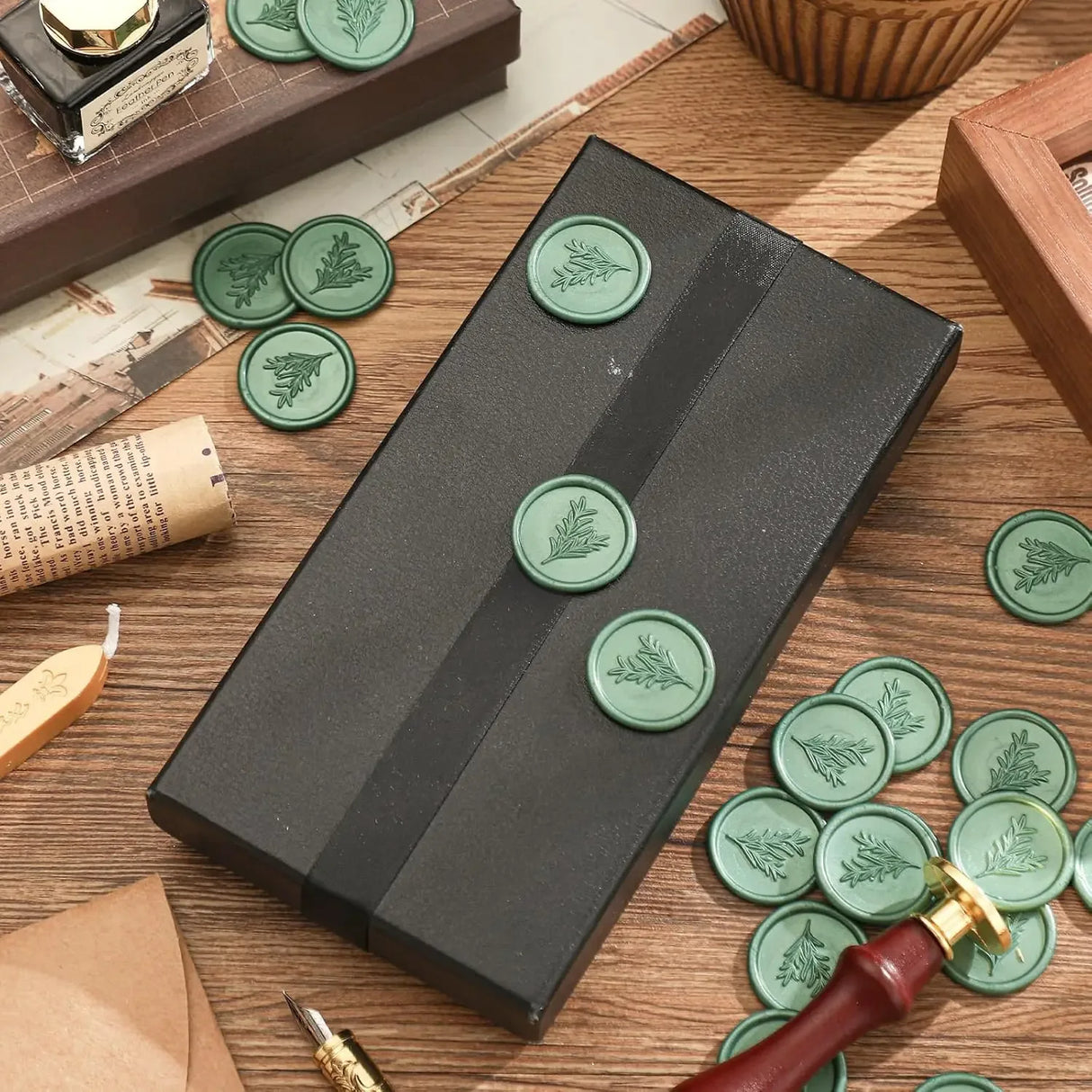Set Of 50 Rosemary Green Envelope Wax Seal Stickers - Omega Lifestyles