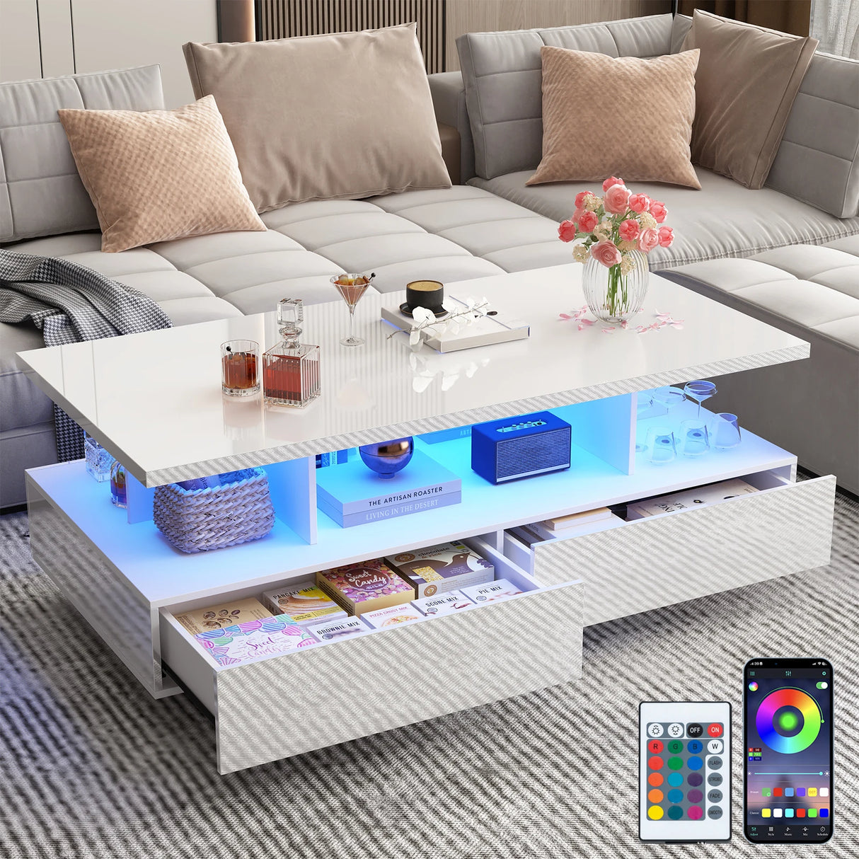43-Inch Modern LED High Gloss Coffee Table With Storage Drawers