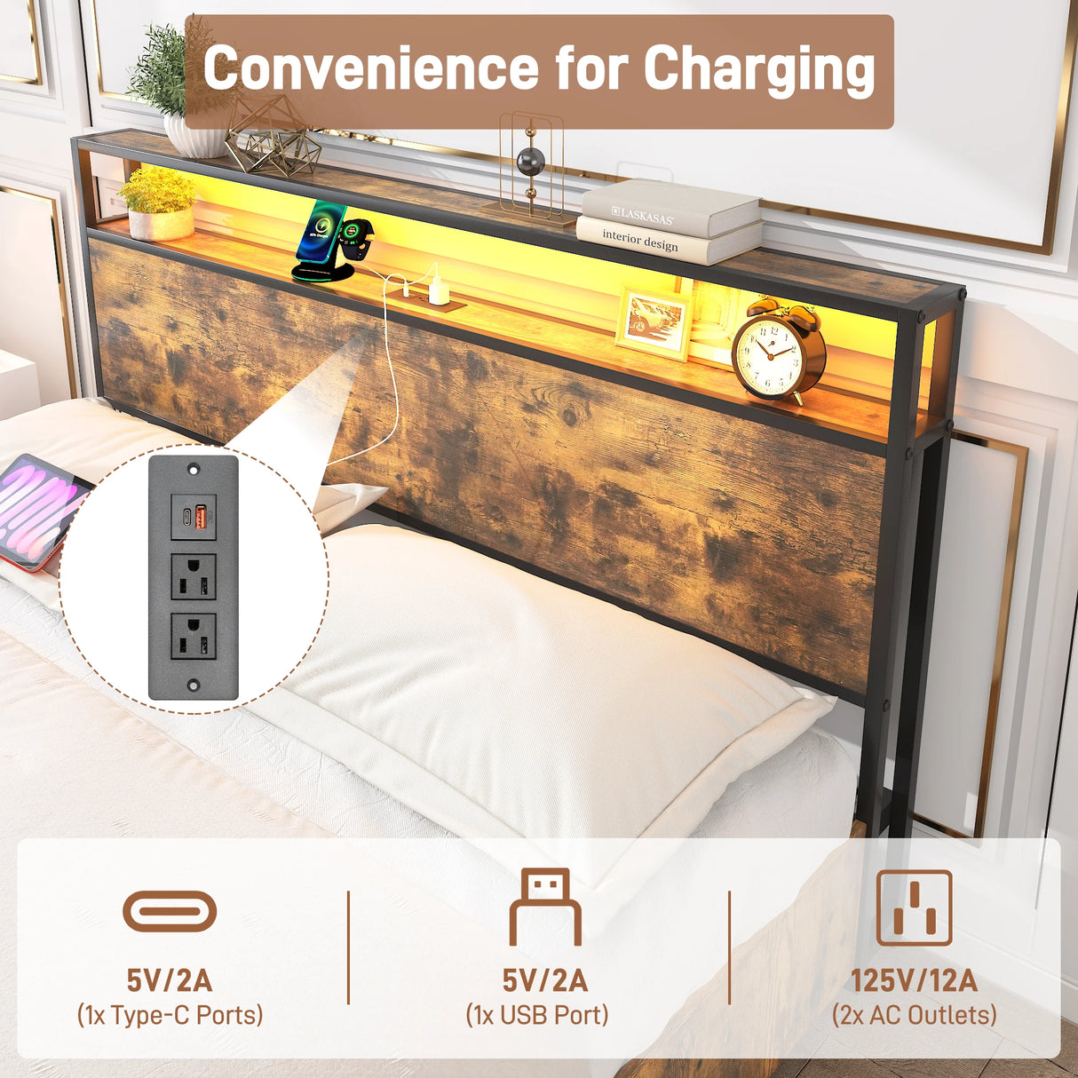 Queen LED Platform Bed Frame With Storage Drawers and USB Charging